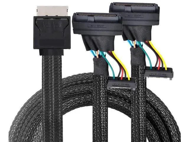 Alt view image 4 of 6 - PCIe SFF8611 8X to Dual SFF8639 U.2 Cable with 15Pin SATA Power, 32AWG Copper HighSpeed Harness, 12Gbps Data Transfer, 0.5M/19.68in