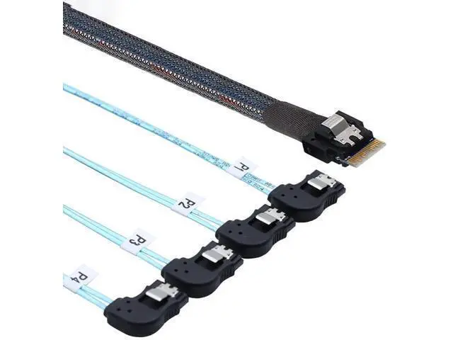 Alt view image 2 of 5 - PCIe Slimline SAS 4.0 SFF8654 38Pin to 4×SATA 7Pin LeftAngle Cable, 30AWG HighSpeed Server Data Transfer Cable for RAID Controller, HDD & SSD, 1M/39.37in