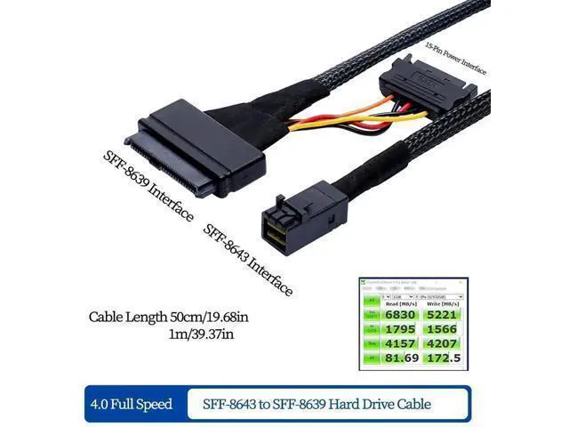 Alt view image 5 of 5 - Mini SAS SFF8643 to U.2 SFF8639 Cable with 15Pin Power Connector, IOCAB40121, 16GT/s PCIe 4Lane HighSpeed Data Cable for Server, Workstation & Storage System, 0.5M/19.68in