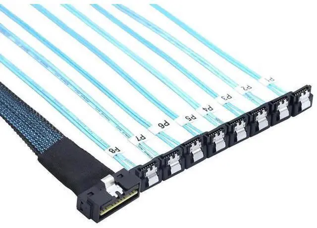 Main image of SlimSAS LP LowProfile SFF8654 8i 74Pin to 8×SATA 7Pin 90Degree Cable, 30AWG Server Internal HighSpeed Connection Harness, 1M