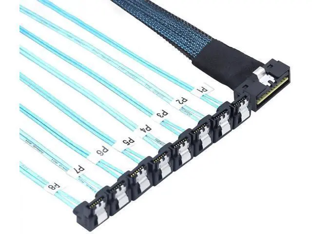 Alt view image 2 of 6 - SlimSAS LP LowProfile SFF8654 8i 74Pin to 8×SATA 7Pin 90Degree Cable, 30AWG Server Internal HighSpeed Connection Harness, 1M