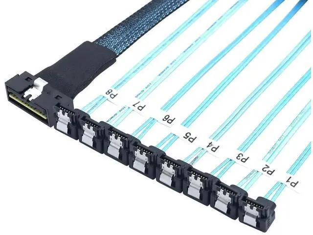 Alt view image 4 of 6 - SlimSAS LP LowProfile SFF8654 8i 74Pin to 8×SATA 7Pin 90Degree Cable, 30AWG Server Internal HighSpeed Connection Harness, 1M