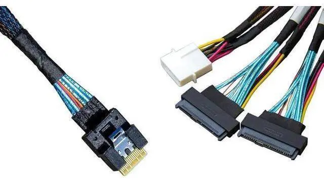 Main image of SlimSAS 8X to 2×U.2 NVMe Adapter Cable, SFF8654 74Pin to 2×SFF8639 68Pin with Power, 75CM (Broadcom MPN 056000500, CBLSAST0953)