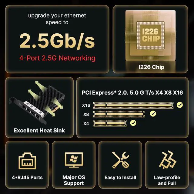 Alt view image 2 of 7 - 4-Port 2.5Gbps PCIe Ethernet Card with Intel I226, NAS/Gaming/Workstation | 2500Mbps 2.5 Gigabit Network Adapter to PCIE X4 X8 X16 NIC for Windows 10/11, Windows Server 2019/2022; Linux
