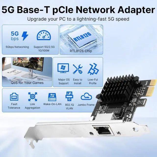 Alt view image 3 of 7 - RTL8126 5G PCIe Network Card, Low Profile, RJ45, Windows Linux