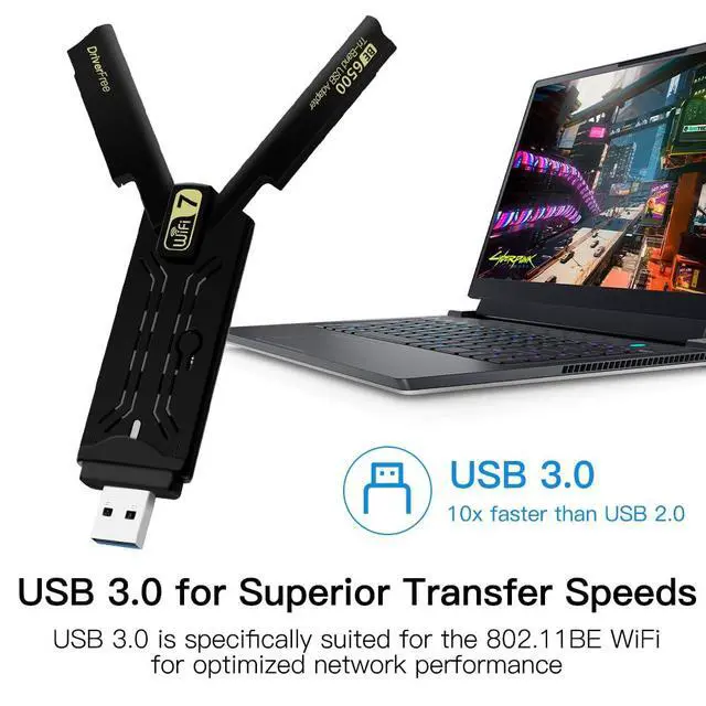 Alt view image 7 of 7 - WiFi 7 USB Adapter for Desktop PC 6500Mbps Tri-Band 6GHz Gaming Win10/11 | 6GHz/5GHz/2.4GHz ultra-fast speeds, driver-included plug-and-play for Windows 10/11, RTL8912AU chipset, WPA3 security