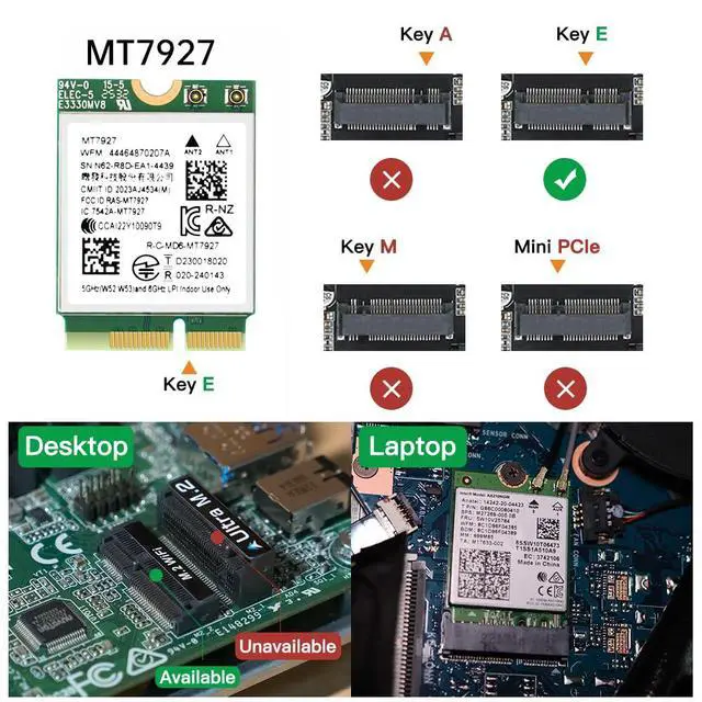 Alt view image 3 of 7 - MT7927 WiFi 7 Card Tri-Band 802.11be Wireless Adapter, 2.4/5/6GHz BT 5.4 | MU-MIMO, WPA3, M.2 Key E for Windows 11 PC Laptop , Compatible with Intel & AMD Motherboard