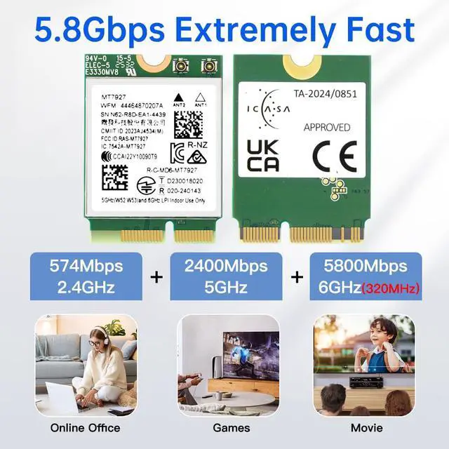 Alt view image 4 of 7 - MT7927 WiFi 7 Card Tri-Band 802.11be Wireless Adapter, 2.4/5/6GHz BT 5.4 | MU-MIMO, WPA3, M.2 Key E for Windows 11 PC Laptop , Compatible with Intel & AMD Motherboard