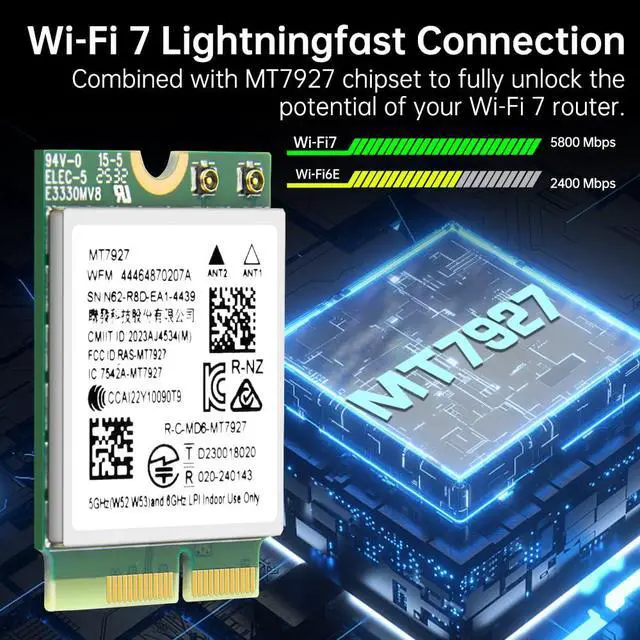Alt view image 5 of 7 - MT7927 WiFi 7 Card Tri-Band 802.11be Wireless Adapter, 2.4/5/6GHz BT 5.4 | MU-MIMO, WPA3, M.2 Key E for Windows 11 PC Laptop , Compatible with Intel & AMD Motherboard