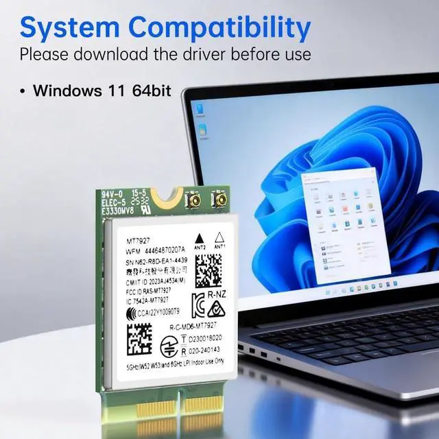 Alt view image 6 of 7 - MT7927 WiFi 7 Card Tri-Band 802.11be Wireless Adapter, 2.4/5/6GHz BT 5.4 | MU-MIMO, WPA3, M.2 Key E for Windows 11 PC Laptop , Compatible with Intel & AMD Motherboard