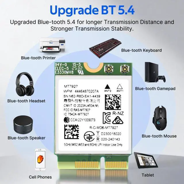 Alt view image 7 of 7 - MT7927 WiFi 7 Card Tri-Band 802.11be Wireless Adapter, 2.4/5/6GHz BT 5.4 | MU-MIMO, WPA3, M.2 Key E for Windows 11 PC Laptop , Compatible with Intel & AMD Motherboard