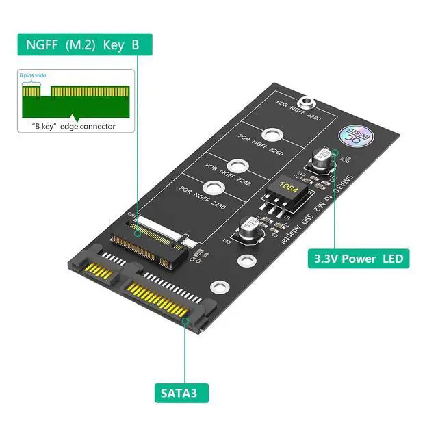 Alt view image 2 of 7 - M.2 NGFF SATA SSD to SATA Adapter Card, Supports 2280/2260/2242/2230 mm, Up to 6 Gbps Transfer Rate