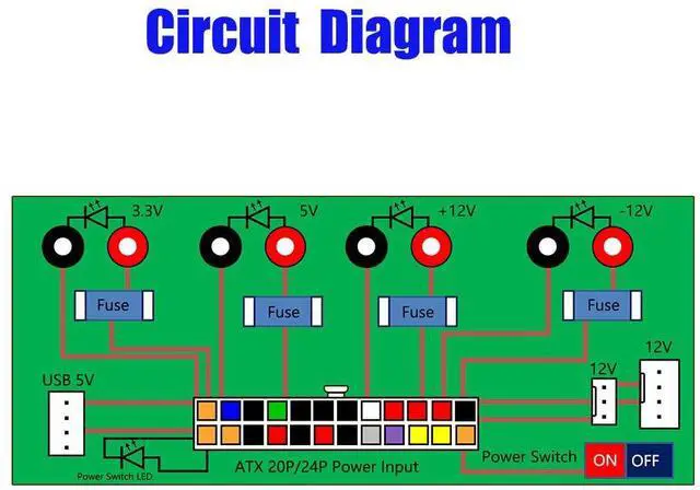 Alt view image 4 of 7 - SUPERPLUS 20/24 Pin ATX Benchtop PC Power Breakout Adapter with USB 5V Port, 4 Channel Voltages (3.3V, 5V, 12V, -12V), 5A Fuse, Green