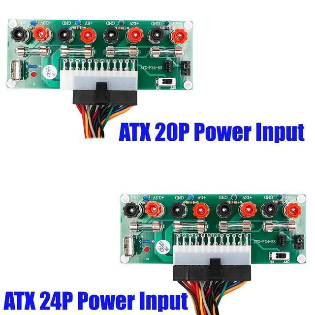 Alt view image 5 of 7 - SUPERPLUS 20/24 Pin ATX Benchtop PC Power Breakout Adapter with USB 5V Port, 4 Channel Voltages (3.3V, 5V, 12V, -12V), 5A Fuse, Green