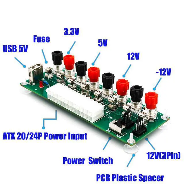 Alt view image 6 of 7 - SUPERPLUS 20/24 Pin ATX Benchtop PC Power Breakout Adapter with USB 5V Port, 4 Channel Voltages (3.3V, 5V, 12V, -12V), 5A Fuse, Green