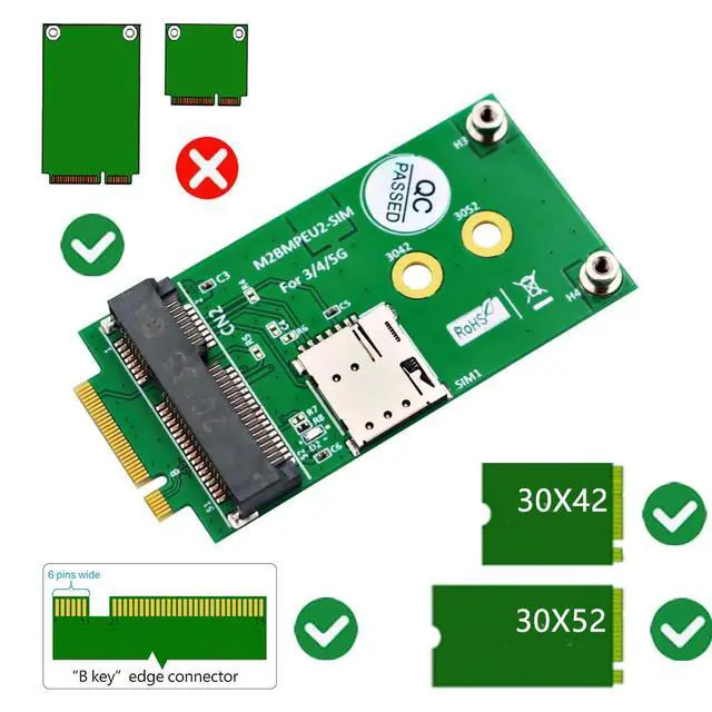 Alt view image 2 of 7 - M.2 Key B to Mini PCI-E Adapter with SIM Card Slot for 3G/4G/5G Module