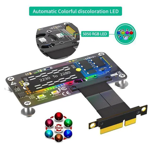 Alt view image 4 of 7 - 3 in 1 Combo M.2(NGFF) NVME M-Key SSD to PCI- E 4X Extension Cable with Cooling Fan and Automatic Discoloration LED