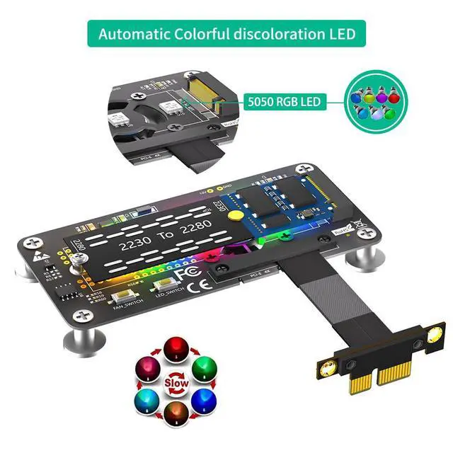 Alt view image 4 of 7 - 3 in 1 Combo M.2(NGFF) NVME M-Key SSD to PCI- E 1X Extension Cable with Cooling Fan and Automatic Discoloration LED