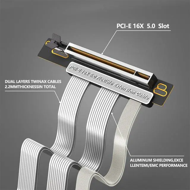 Alt view image 2 of 7 - PCI-E 5.0 16X Flexible Extension Cable, 20cm GPU Riser Cable with 90 Degree Vertical Installation, High Speed PCIe Cable for Desktop PC ATX/1U/2U Case