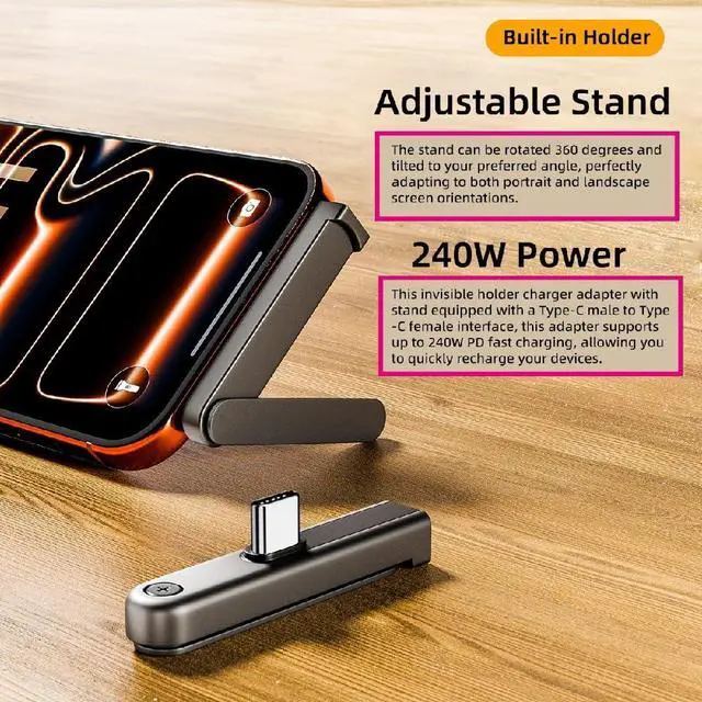 Alt view image 7 of 7 - Adapter 240W Type-C Fast Charging Adapter with Built-in Phone Stand Single Holder Durable Charger Bracket USB-C Male to Female Foldable