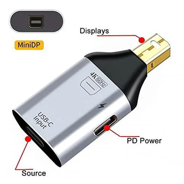 Alt view image 4 of 7 - USB-C Type C Female Source to Mini Displayport DP Sink HDTV & PD Power Adapter 4K 60hz 1080p for Phone & Laptop