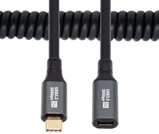 Main image of Stretch Coiled USB-C USB4 Cable 20Gbps 100W 8K for Laptop Keyboard Tablet Type-C Male to Female Power & Data Extension Cable