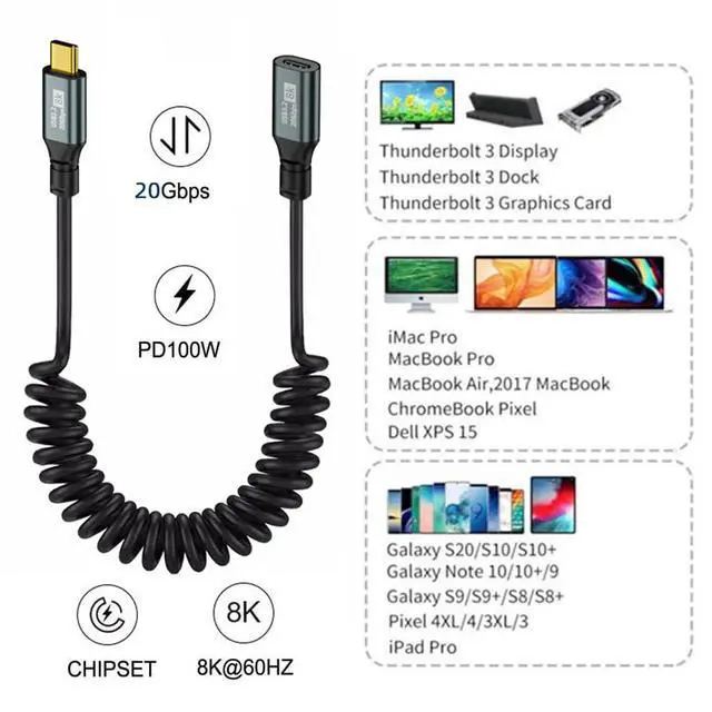 Alt view image 2 of 7 - Stretch Coiled USB-C USB4 Cable 20Gbps 100W 8K for Laptop Keyboard Tablet Type-C Male to Female Power & Data Extension Cable
