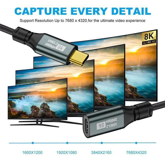 Alt view image 6 of 7 - Stretch Coiled USB-C USB4 Cable 20Gbps 100W 8K for Laptop Keyboard Tablet Type-C Male to Female Power & Data Extension Cable