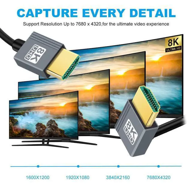 Alt view image 7 of 7 - HDMI 2.1 Cable,HDMI Male to Male 90 Degree Down Angled 8K@60Hz 4K@120Hz 48Gbps Ultra High-Speed Flexibility Gold-Plated Cable 1.0M for TV, Monitor, Computer