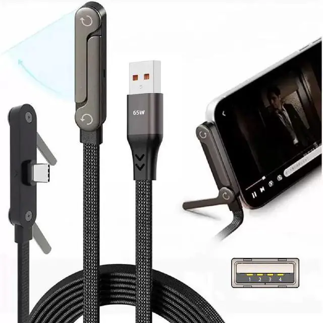 Alt view image 2 of 7 - 65W USB-C Type-A Foldable Fast Charging Cable Type-C with Built-in Phone Stand Dual Holder Durable Charger Bracket Male to Male 150CM