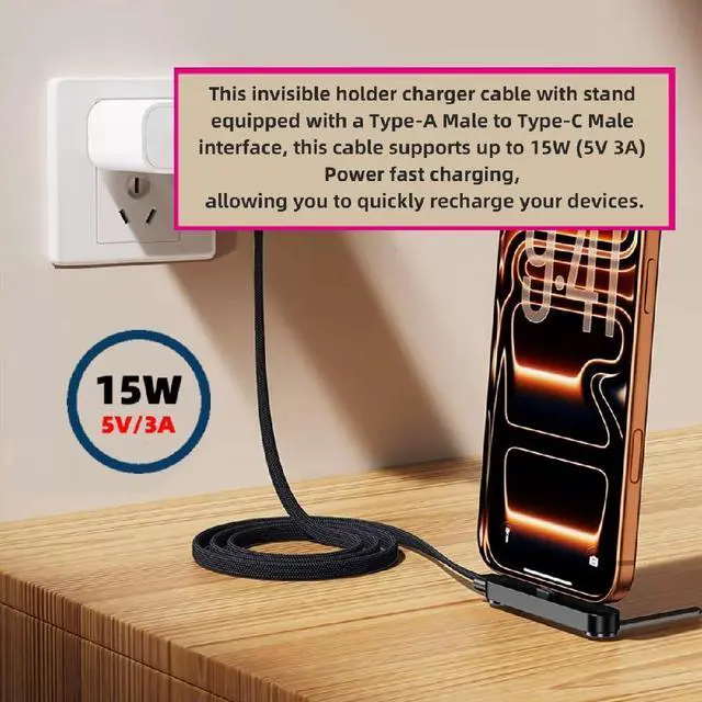 Alt view image 3 of 7 - 65W USB-C Type-A Foldable Fast Charging Cable Type-C with Built-in Phone Stand Dual Holder Durable Charger Bracket Male to Male 150CM