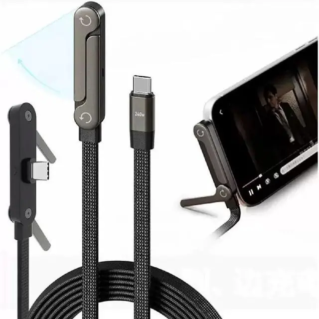 Alt view image 2 of 7 - 240W Angled Type-C Fast Charging Cable with Built-in Phone Stand Dual Holder Durable USB C Charger Cord Bracket Foldable