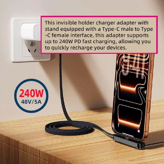 Alt view image 3 of 7 - 240W Angled Type-C Fast Charging Cable with Built-in Phone Stand Dual Holder Durable USB C Charger Cord Bracket Foldable