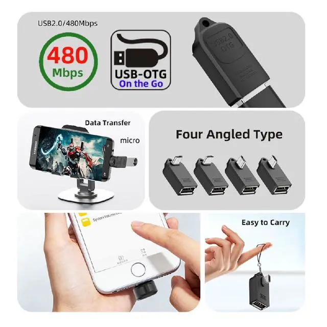 Alt view image 7 of 7 - 4pcs/lot Micro Type-B Male USB 2.0 to Female OTG USB2.0 Type-A Adapter On-the-Go 90 Degree Angled for Phone Tablet Disk Keyboard Data