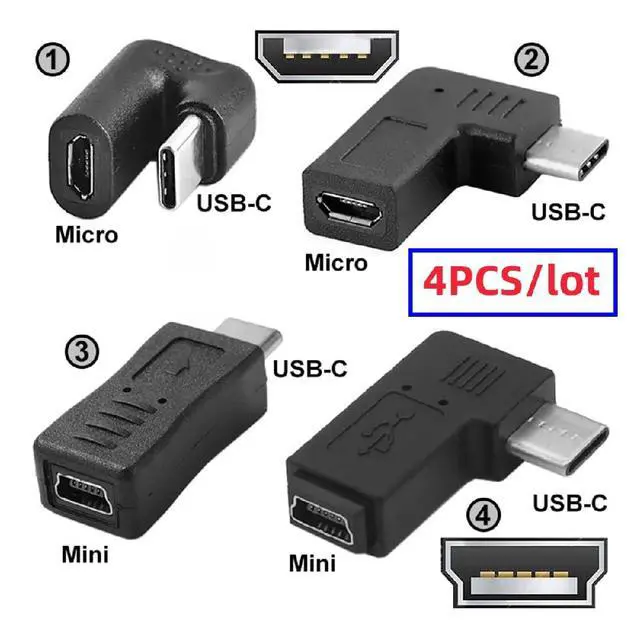 Alt view image 2 of 7 - 4pcs/lot USB-C USB2.0 Type C 480Mbps Male to Micro & Mini USB Female Power Data Adapter Opposite Right Back Angled