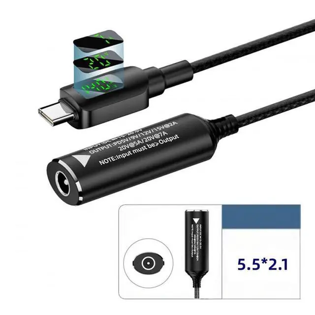 Alt view image 2 of 7 - DC Jack 5.5x2.1mm Input to USB-C Type-C Power 140W Smart LED Display Charge Cable for Laptop Phone PD9V/5V/20V/7A