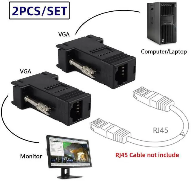 Alt view image 3 of 7 - Adapter 2pcs/Set VGA RGB Male to Male Over Cat6 Cat5e RJ45 Female Ethernet Modualr Adapter for Computer Monitor