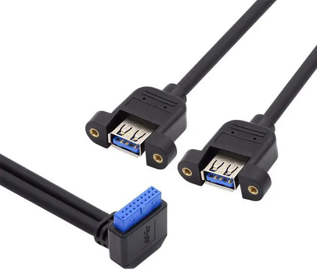 Main image of Up Angled 19/20Pin Header to USB 3.0 Dual Ports Female Screw Mount Type Cable 90 Degree 5Gbps