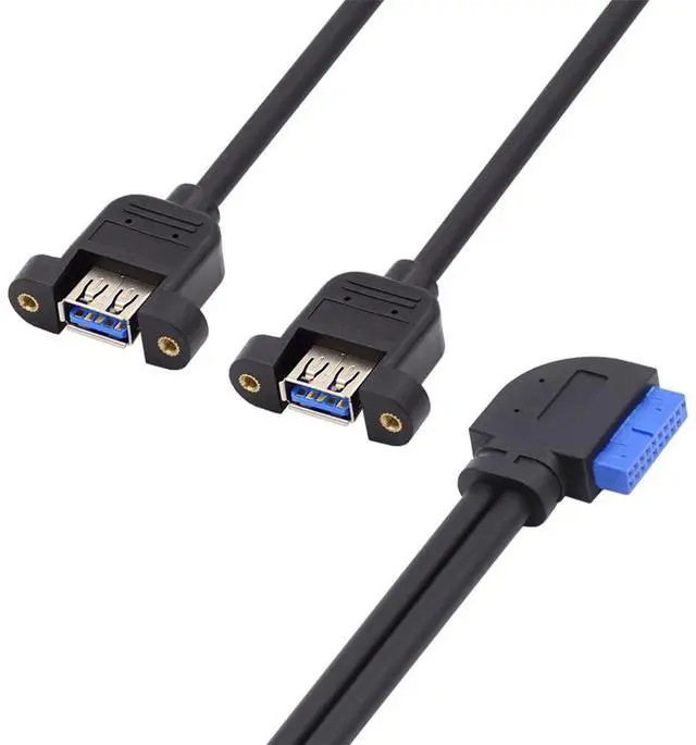 Main image of Left Angled 19/20Pin Header to USB 3.0 Dual Ports Female Screw Mount Type Cable 90 Degree 5Gbps