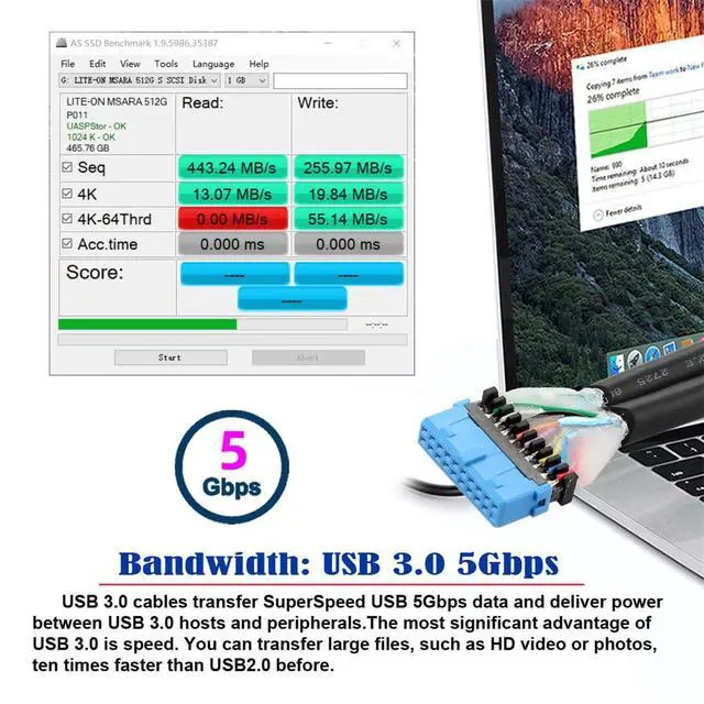 Alt view image 2 of 7 - Left Angled 19/20Pin Header to USB 3.0 Dual Ports Female Screw Mount Type Cable 90 Degree 5Gbps