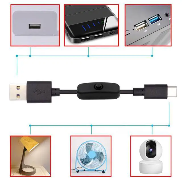 Alt view image 3 of 7 - Type-C USB2.0 to Type-A Cable with On Off Power Switch Button USB-C for DC 5V Desk Lamp Fan Camera