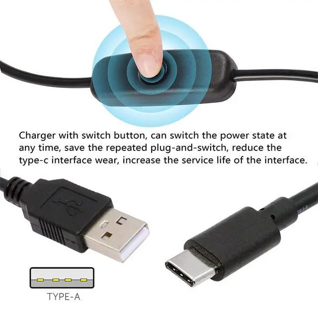 Alt view image 5 of 7 - Type-C USB2.0 to Type-A Cable with On Off Power Switch Button USB-C for DC 5V Desk Lamp Fan Camera