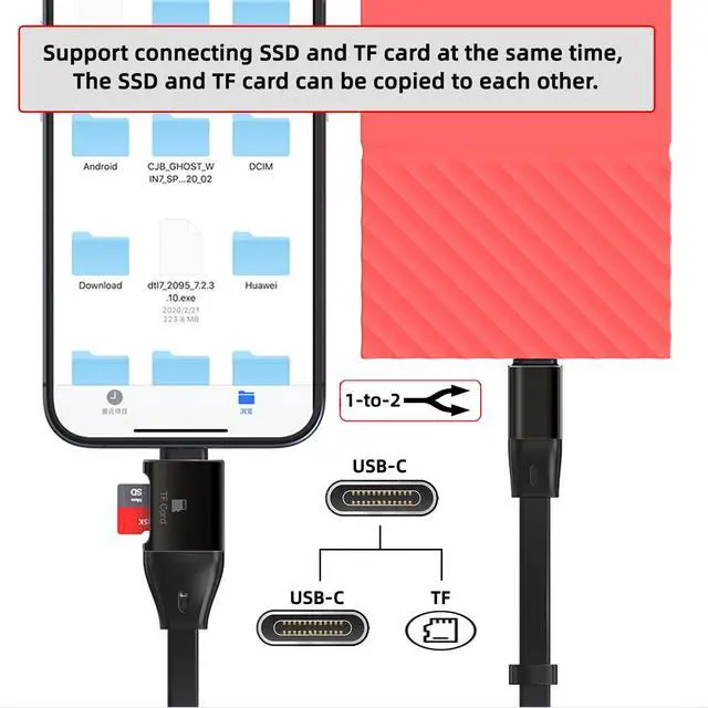 Alt view image 5 of 7 - Cable Type-C USB-C Male to Male USB 3.1 10Gbps & TF Micro-SD Card Reader Flat Slim FPC Data Cable for Laptop Phone