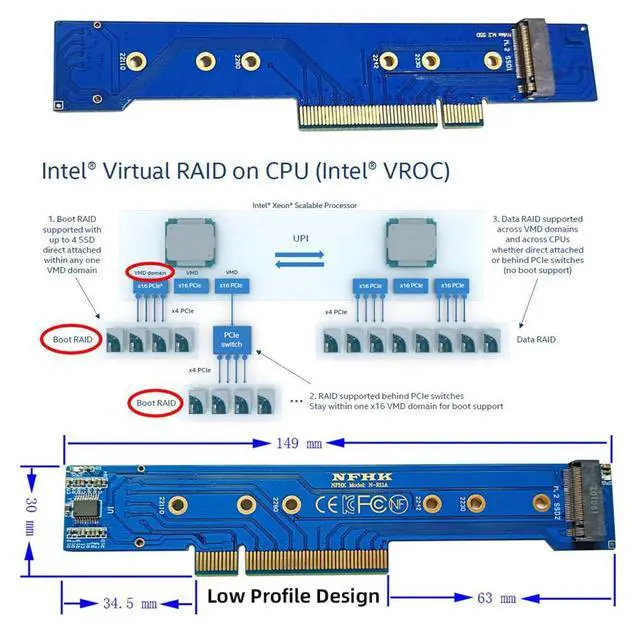 Alt view image 3 of 7 - Low Profile Dual 2X NVME M.2 SSD to PCIE Express Gen4 X8 X16 Raid Card VROC Raid0 Hyper Adapter