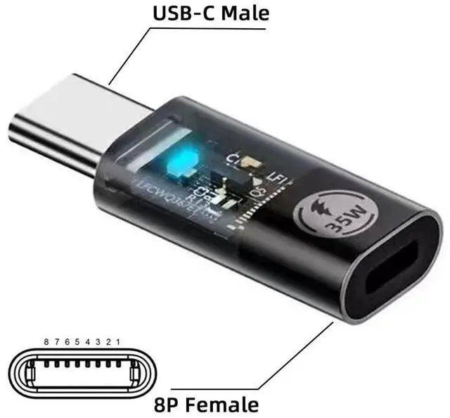 Alt view image 3 of 7 - Transparent LED USB-C Type C Male to 8P Female 35W Power 480Mbps Data Adapter Compatible with iPhone15 & Android & Tablet