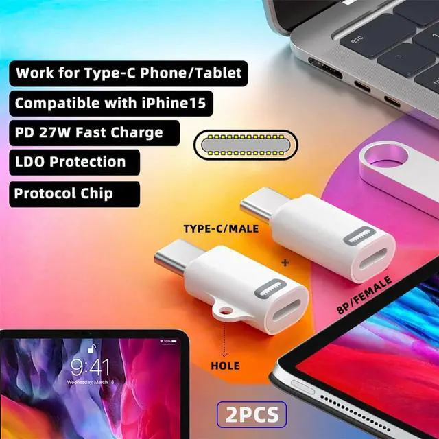 Alt view image 2 of 7 - 2pcs/Set USB-C Type C Male to 8P Female 27W Power 480Mbps Data Adapter Compatible with iPhone 15 & Android & Tablet