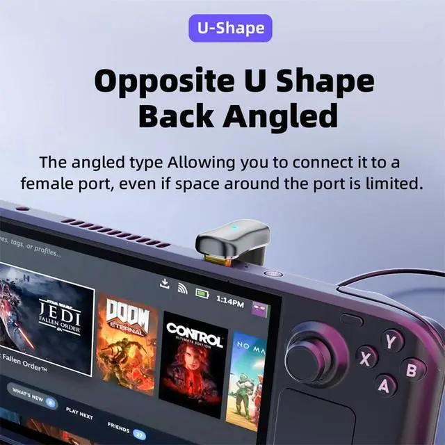Alt view image 6 of 7 - USB3.0 Type C Male to Female & OTG Power Data Adapter Opposite U Shape Back Angled Compatible with Steam Deck