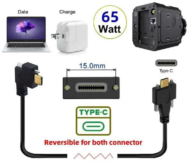 Alt view image 2 of 7 - 10Gbps USB 3.1 USB-C Single Locking Thumbscrew Horizontal Left Right Angled to USB 3.1 Type-C Dual Screw Male to Male Data Cable Panel Mount Type 1M