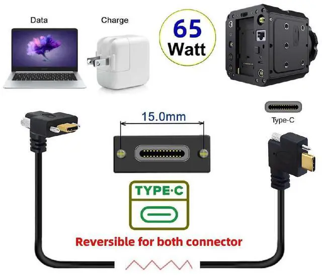 Alt view image 2 of 7 - 10Gbps USB 3.1 USB-C Dual Locking Thumbscrew Up Down Angled to USB 3.1 Type-C Single Screw Male to Male Data Cable Panel Mount Type 1M