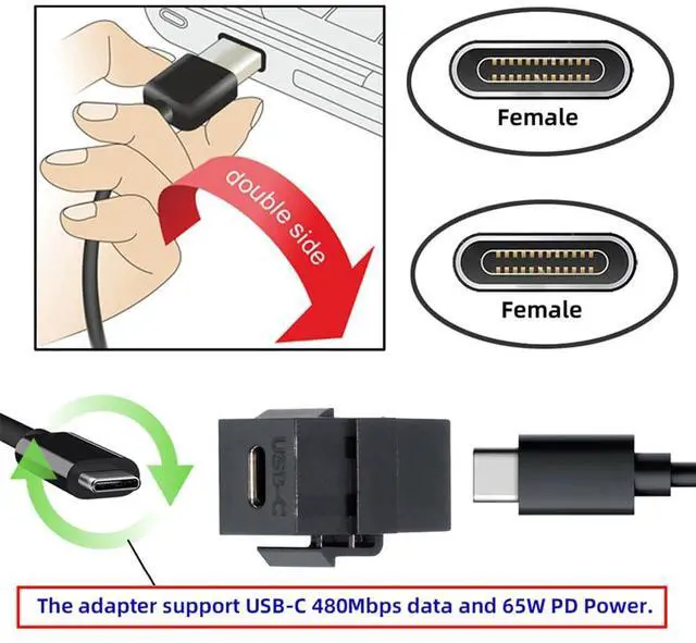 Alt view image 6 of 7 - 480Mbps USB2.0 USB-C Female to Type-C Female Extension Keystone Jack Coupler Adapter for Wall Plate Panel USB Cable